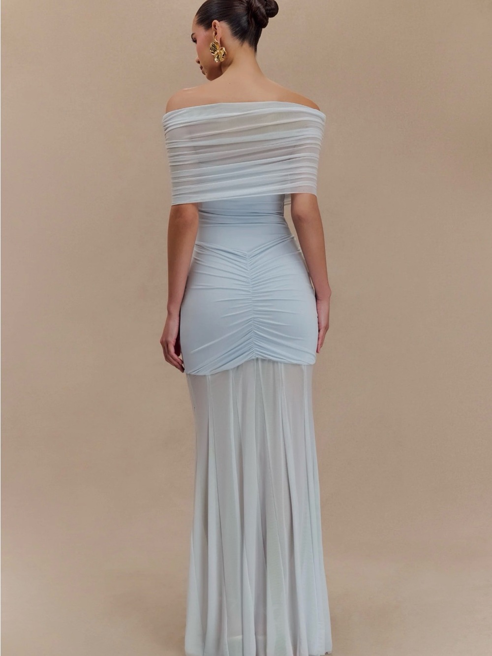 Meshki Off-Shoulder Pale Blue Ruched Mesh Gown - Picture 2 of 6